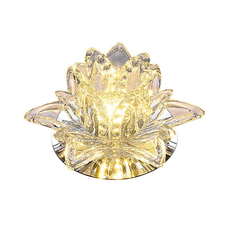 Modern Lotus Blossom Led Flush Mount Ceiling Light With Clear Crystal Accent - Ideal For Hallway