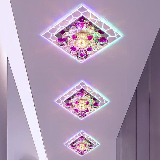 Contemporary Clear Led Crystal Ceiling Lamp For Hallway - Flower Square Flush Mount / Multi Color