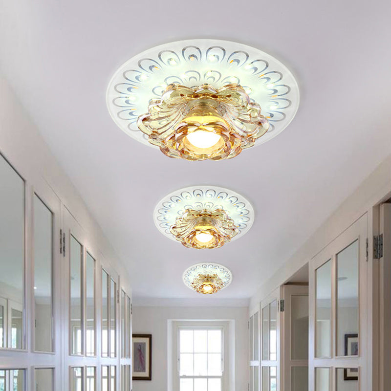 Modern Tan Crystal Flower Led Ceiling Light Fixture - White Flush Mount /