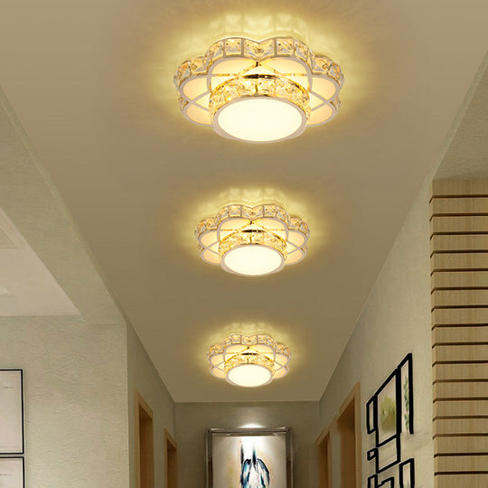 Led Flush-Mount Flower Ceiling Light With Gold Finish & Clear Crystal Shade - Modernist Design /