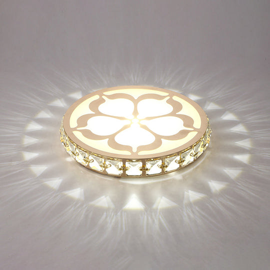 Ultrathin Round Led Crystal Flush Mount Ceiling Light With Flower Pattern - Elegant Corridor Lamp