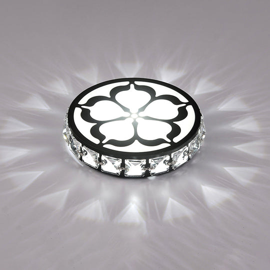Ultrathin Round Led Crystal Flush Mount Ceiling Light With Flower Pattern - Elegant Corridor Lamp