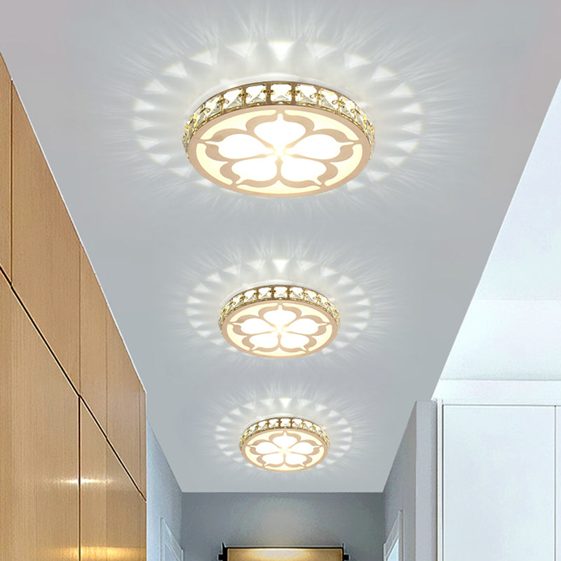 Ultrathin Round Led Crystal Flush Mount Ceiling Light With Flower Pattern - Elegant Corridor Lamp