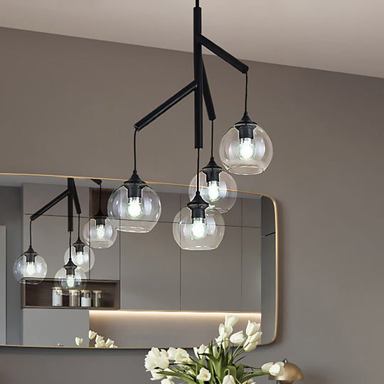 Contemporary 4-Light Metal Branch Chandelier: Black Hanging Pendant With Clear Glass Shade