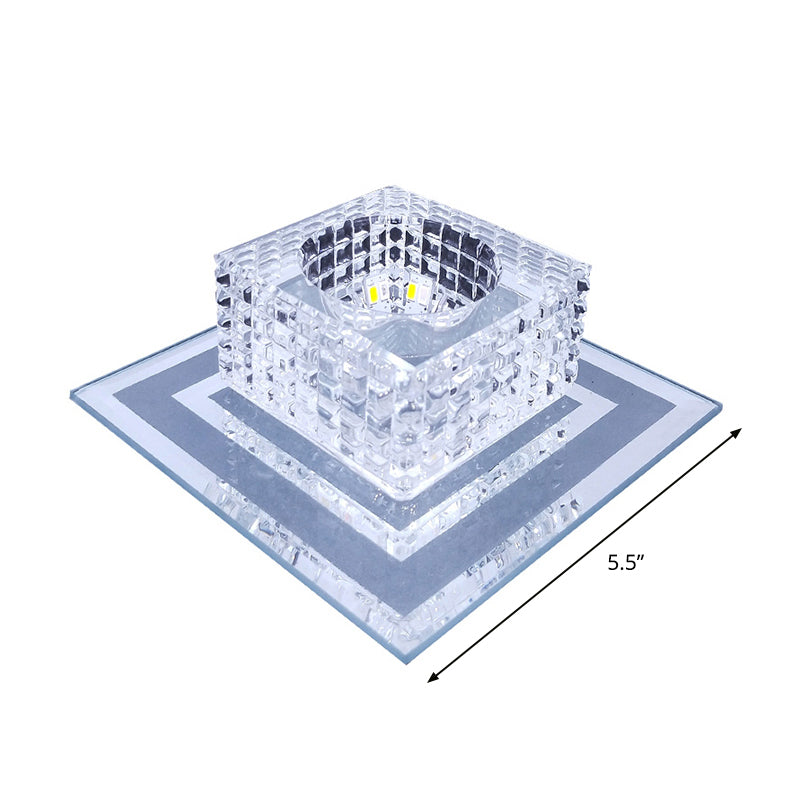 Modern Crystal Led Flush Mount Ceiling Light For Hallways - Square Lattice Cut Design In Clear