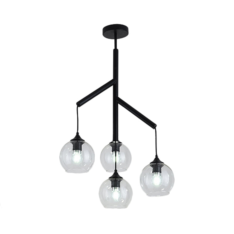 Contemporary Metal Branch Chandelier - 4-Light Black Pendant Lamp With Clear Glass Shade