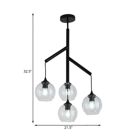 Contemporary Metal Branch Chandelier - 4-Light Black Pendant Lamp With Clear Glass Shade