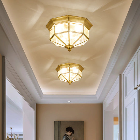 Traditional Gold Flush Mount Foyer Ceiling Light With Octagon Glass Shade - 3 Lights