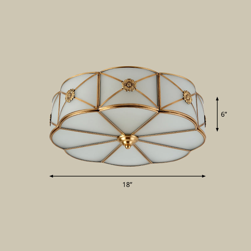 Antique White Glass Brass Flush-Mount Ceiling Light For Living Room With X-Brace And Floral Design 4