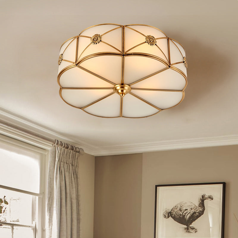 Antique White Glass Brass Flush-Mount Ceiling Light For Living Room With X-Brace And Floral Design