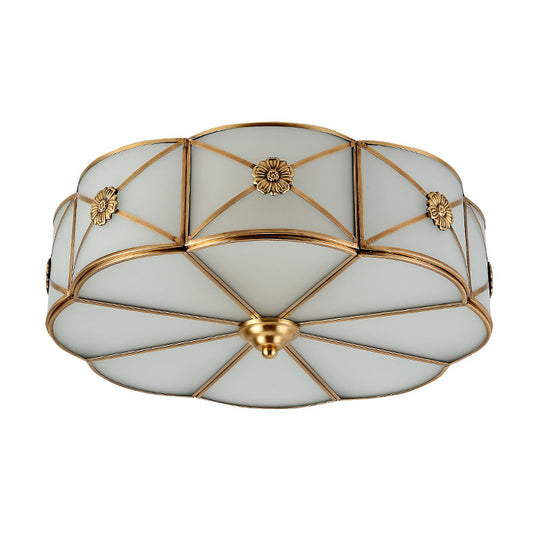 Antique White Glass Brass Flush - Mount Ceiling Light For Living Room With X - Brace And Floral