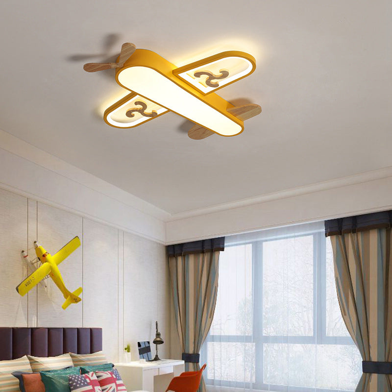 Kid’s Plane Led Ceiling Light With Wooden Accents For Bedroom Flush Mount