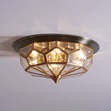 Antique Black & Brass Bedroom Flushmount Light With Clear Glass