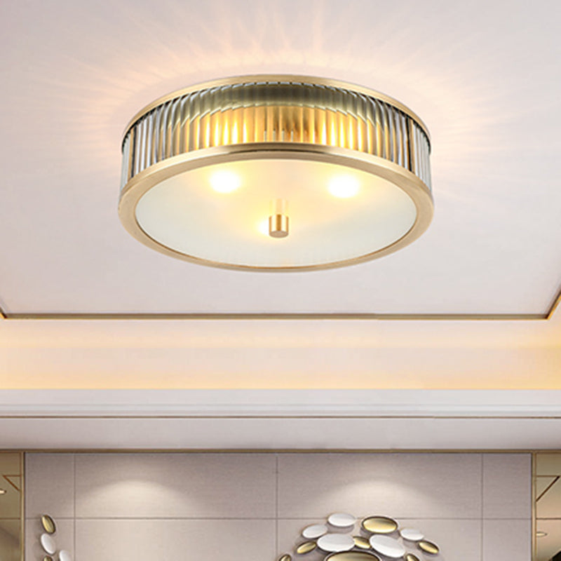 Modern Brass Flush Mount Ceiling Light – Simplicity Drum Shape Ribbed Clear Glass For Bedroom