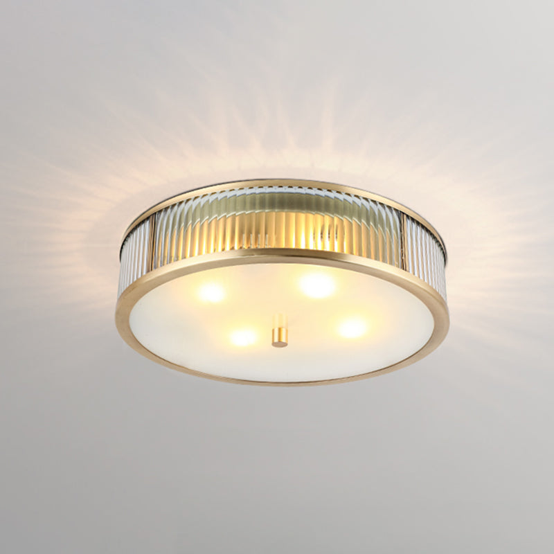 Modern Brass Flush Mount Ceiling Light Simplicity Drum Shape Ribbed Clear Glass For Bedroom 4 /