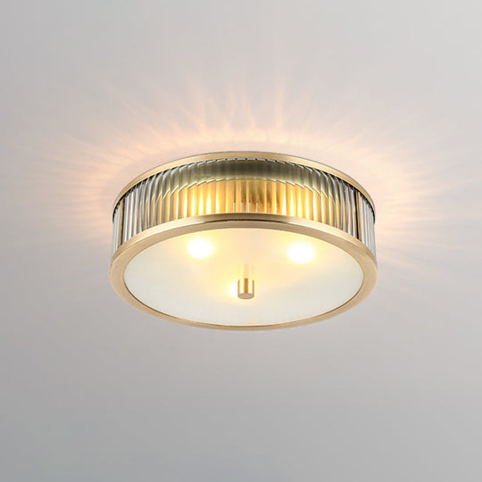 Modern Brass Flush Mount Ceiling Light Simplicity Drum Shape Ribbed Clear Glass For Bedroom 3 /