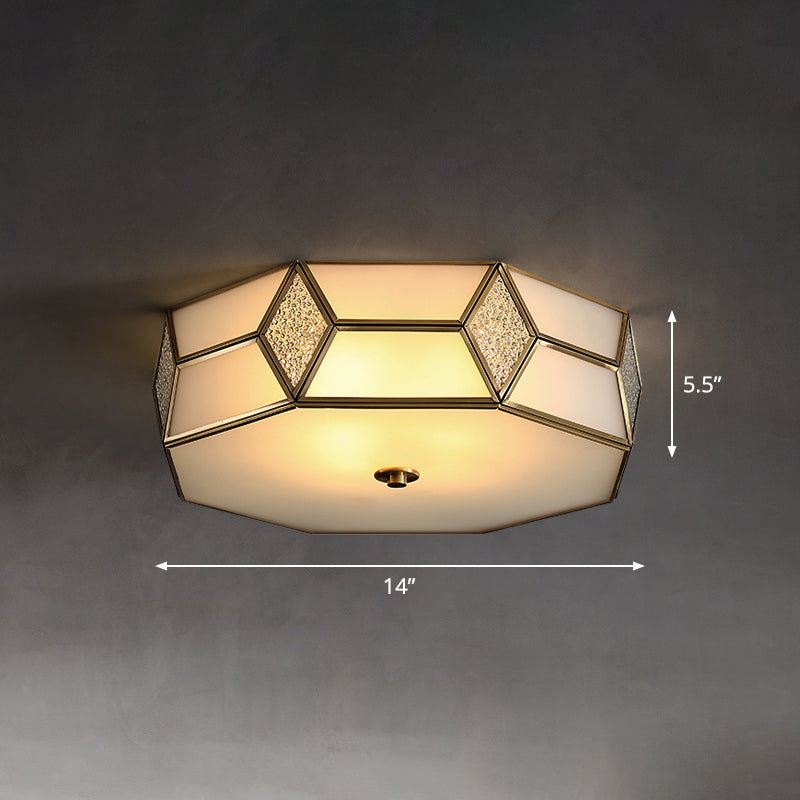 Octagon Flush Mount Bedroom Ceiling Light Fixture With Minimalistic Textured White Glass And Brass