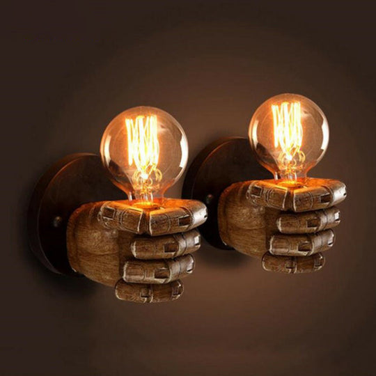 Loft Style Brown Fist Wall Lamp: Resin Sconce Light For Living Room