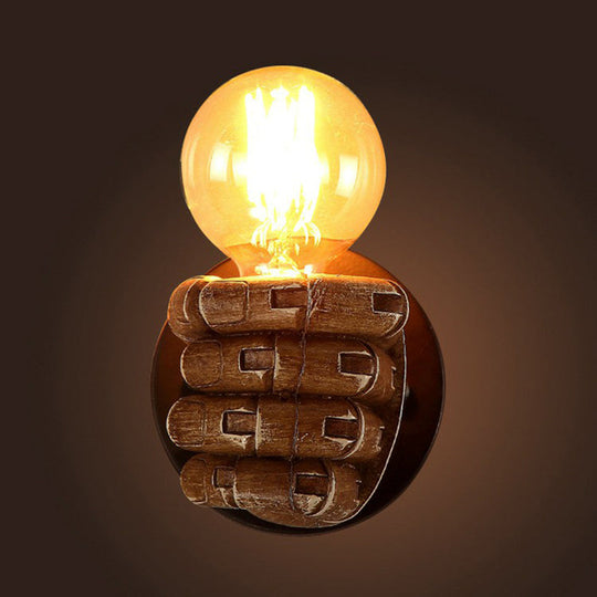 Loft Style Brown Fist Wall Lamp: Resin Sconce Light For Living Room