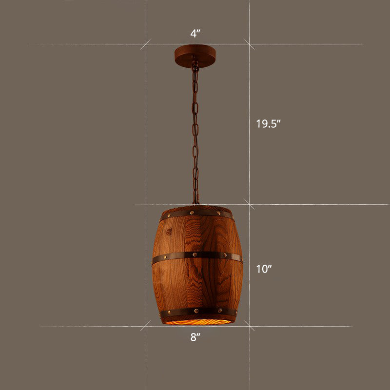 Rustic Wooden Wine Barrel Pendant Light - 1-Light Brown Suspension Lighting For Bistro