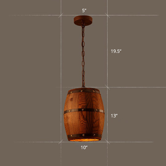 Rustic Wooden Wine Barrel Pendant Light - 1-Light Brown Suspension Lighting For Bistro / Ellipsoidal