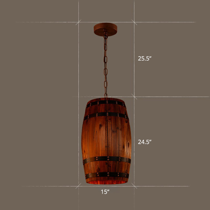 Rustic Wooden Wine Barrel Pendant Light - 1-Light Brown Suspension Lighting For Bistro / Cylinder