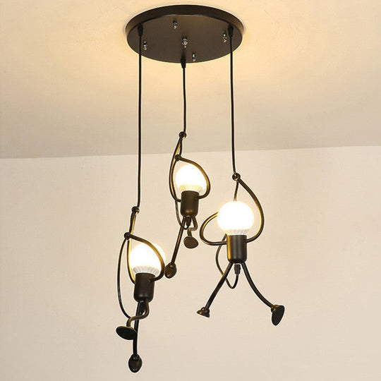 Modern Black Stick Figure Ceiling Light - 3-Bulb Metal Hanging Fixture