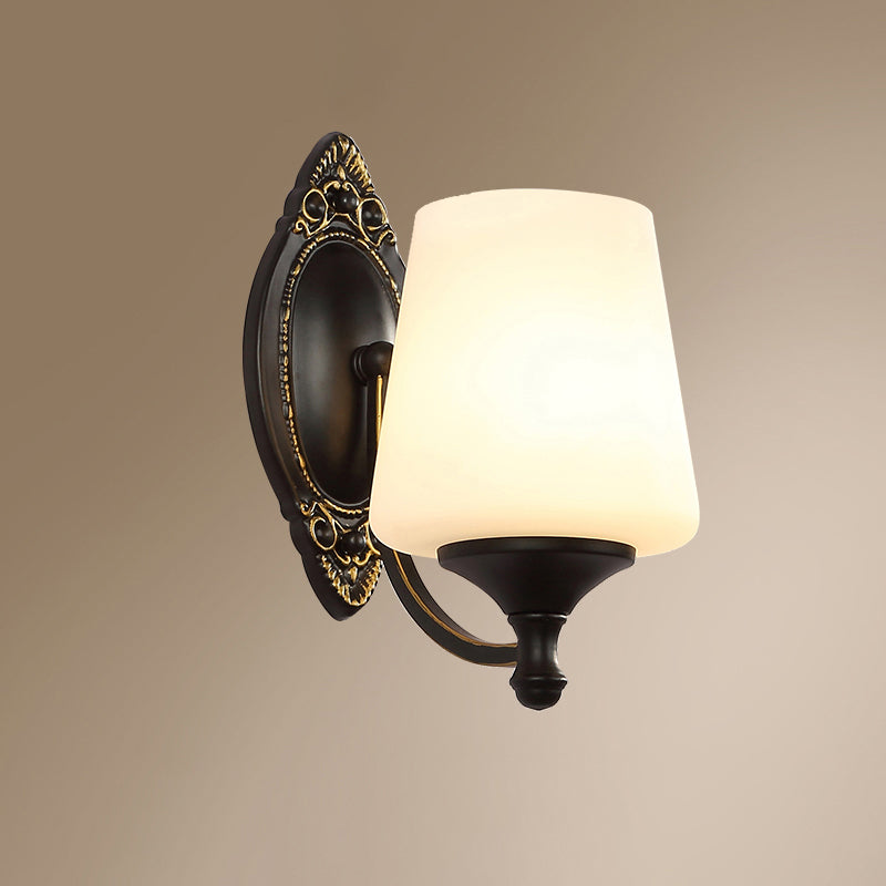 Frosted White Glass Cone Wall Light - Vintage Living Room Sconce Lighting (Black) 1 /