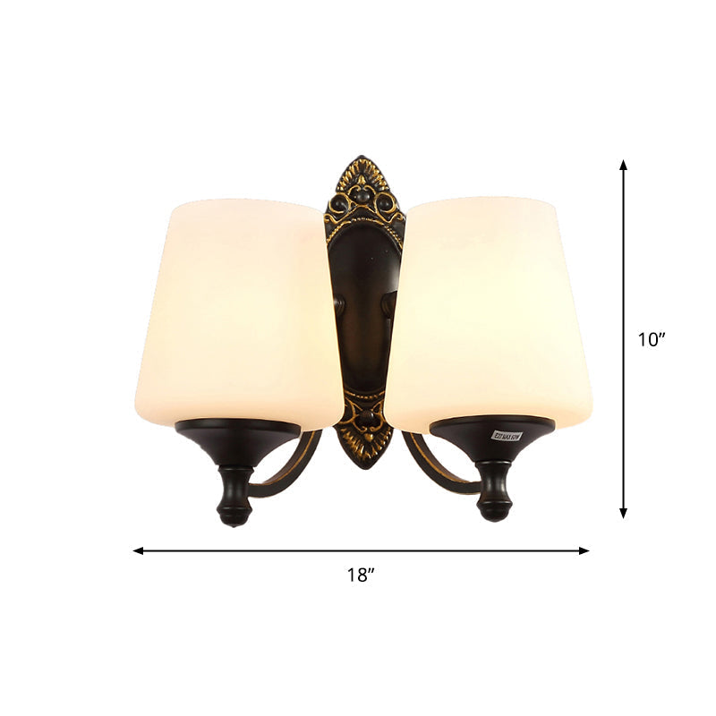 Frosted White Glass Cone Wall Light - Vintage Living Room Sconce Lighting (Black)