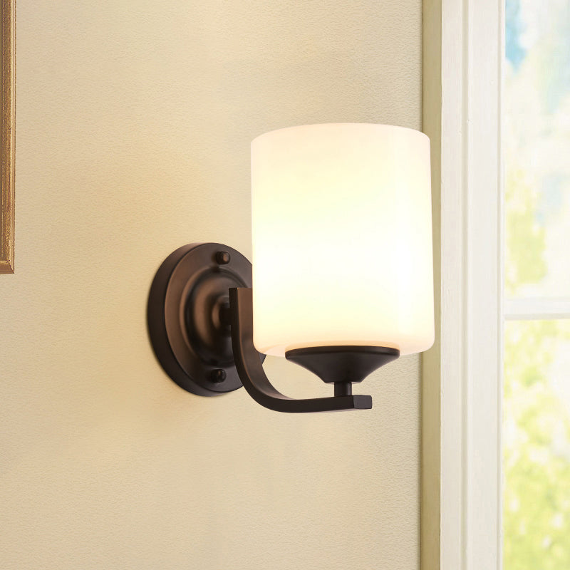 Sleek Black Wall Sconce With White Glass Cylinder - Single-Bulb Simplicity Fixture