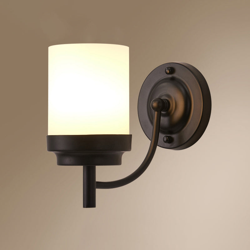 Sleek Black Wall Sconce With White Glass Cylinder - Single-Bulb Simplicity Fixture