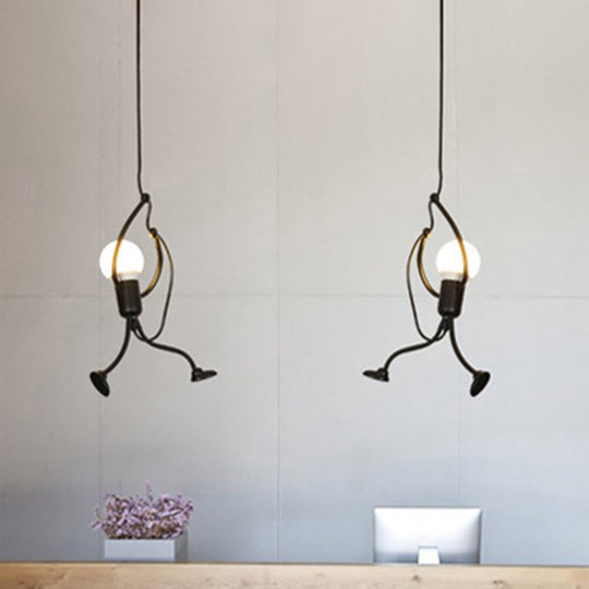 Modern Black Stickman Pendant Light Kit - Small Artistic Hanging Lamp With 1-Light Metal Ceiling