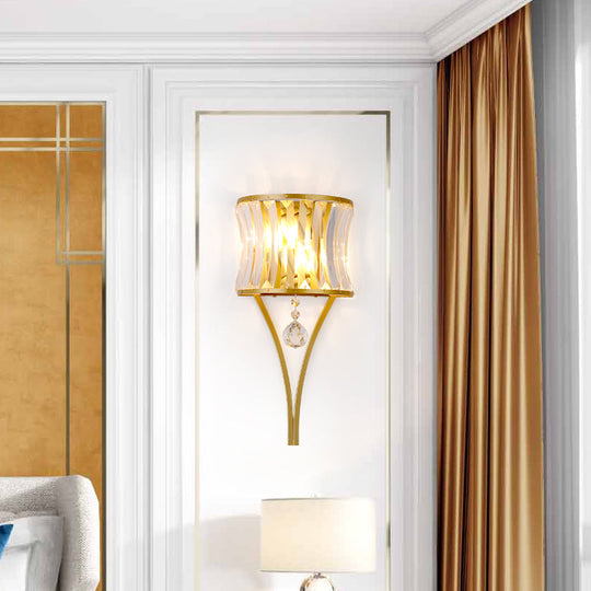 Traditional Curved Crystal Flush Wall Sconce - 1-Light Bedside Lighting Fixture