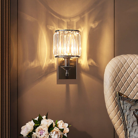 Cylinder Wall Lamp Fixture - Simplicity 1-Bulb Prismatic Crystal Sconce Lighting (Black) Black