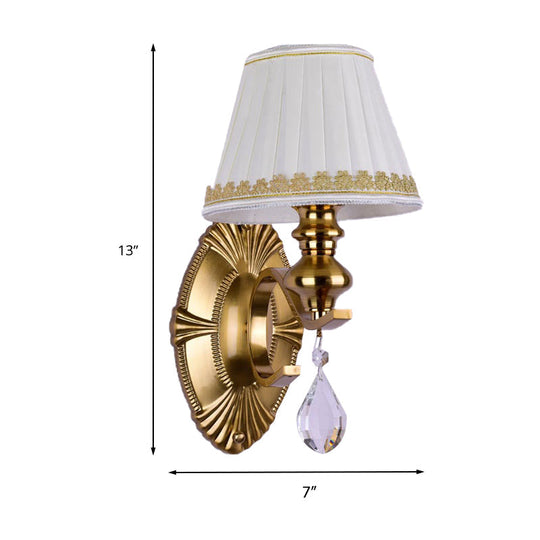 Vintage Fabric Gold Wall Sconce With Crystal Drop - Empire Shade 1/2-Light Mount Fixture