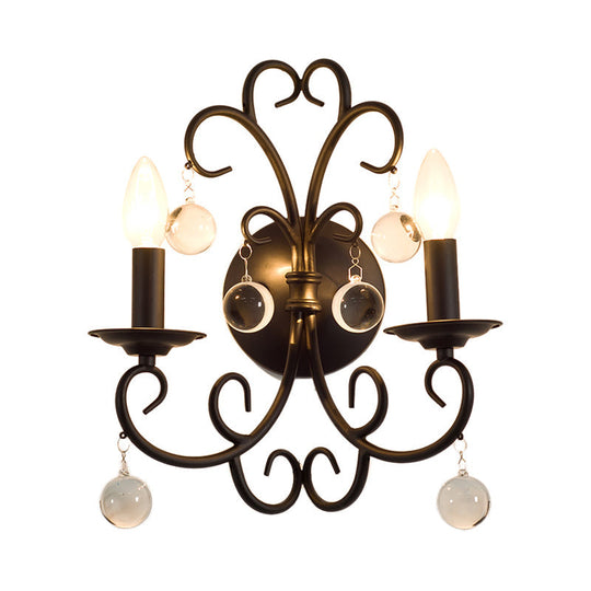 Rustic 2-Light Metal Wall Sconce With Clear Crystal Ball For Dining Room
