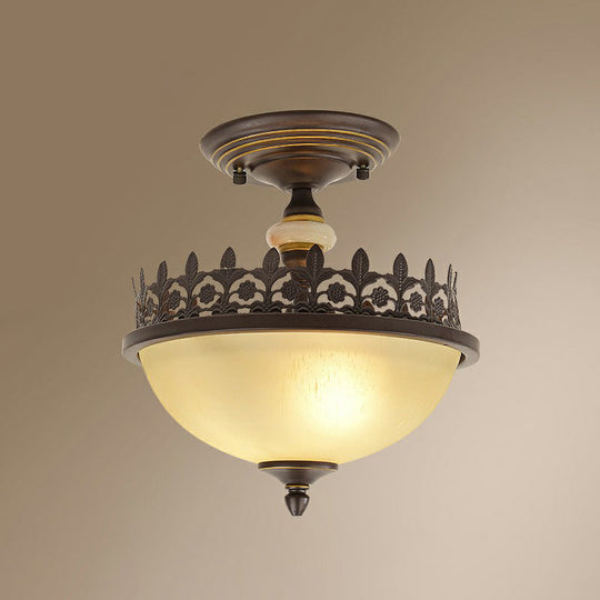 Vintage Brown Filigree Frame Flush Mount Ceiling Light With Frosted Glass Bowl / 11’