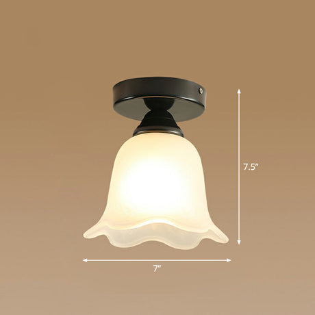Frosted White Glass Ceiling Lamp With Rustic Black Flower Design - Semi Flush Light For Corridors