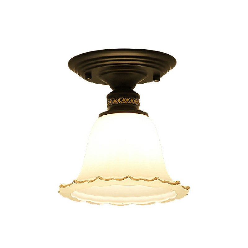 Vintage Ivory Glass Flared Ceiling Light With 1 Bulb - Semi Mount Black Fixture