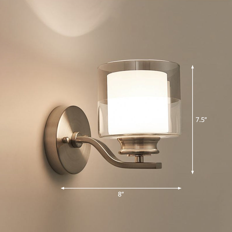 Minimalistic Dual Glass White Wall Sconce For Bedroom - Cylindrical 1 Head Mount Lamp