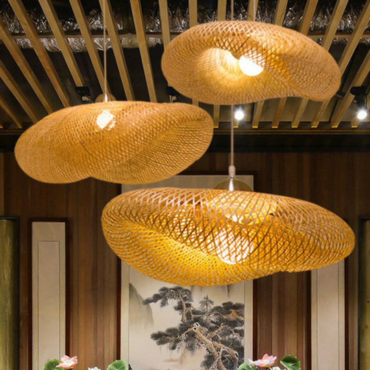 Asian Bamboo Pendant Light Fixture: Creative 1-Light Beige Suspension For Tea Room