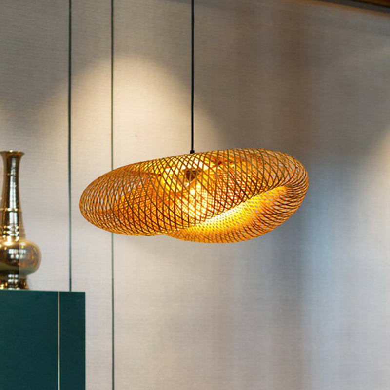 Modern Bamboo Hand-Worked Hanging Ceiling Light - Beige Pendant Lamp With 1 Bulb