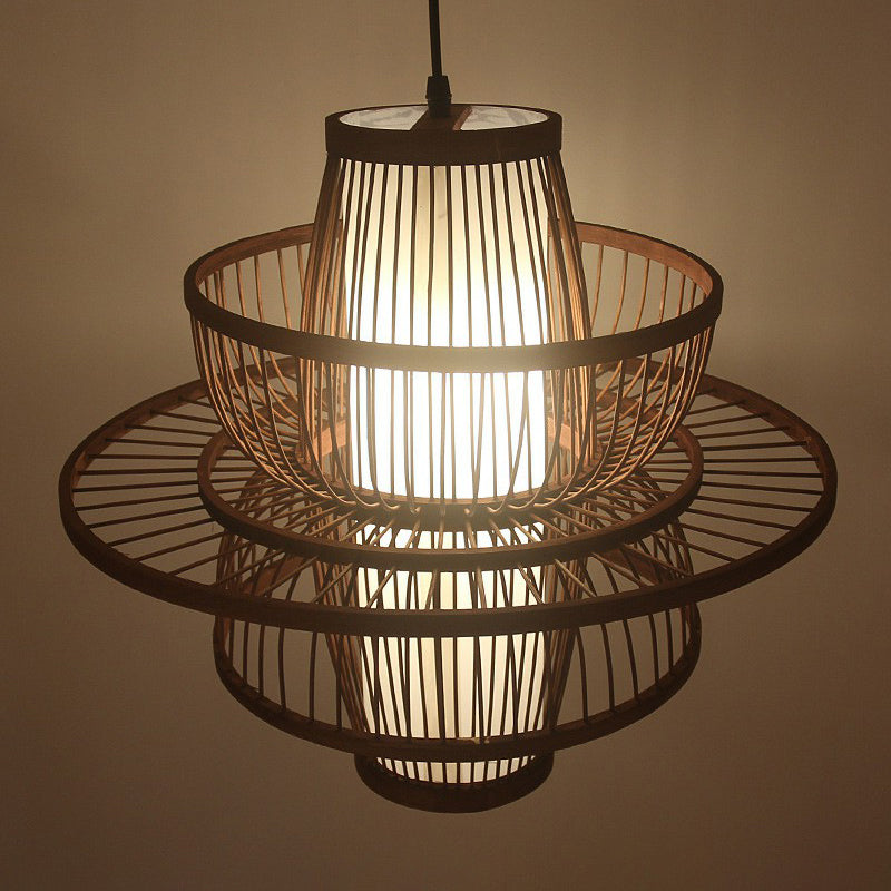 Contemporary Bamboo Cage Hanging Lamp With Coffee Finish And Single Bulb Suspension