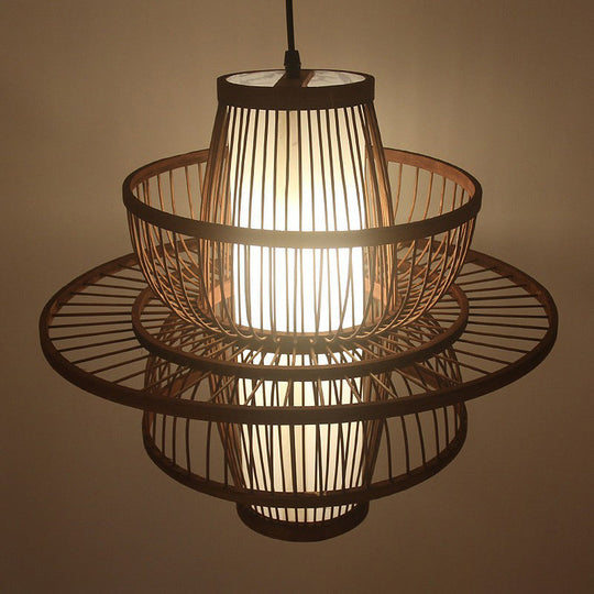 Contemporary Bamboo Cage Hanging Lamp With Coffee Finish And Single Bulb Suspension