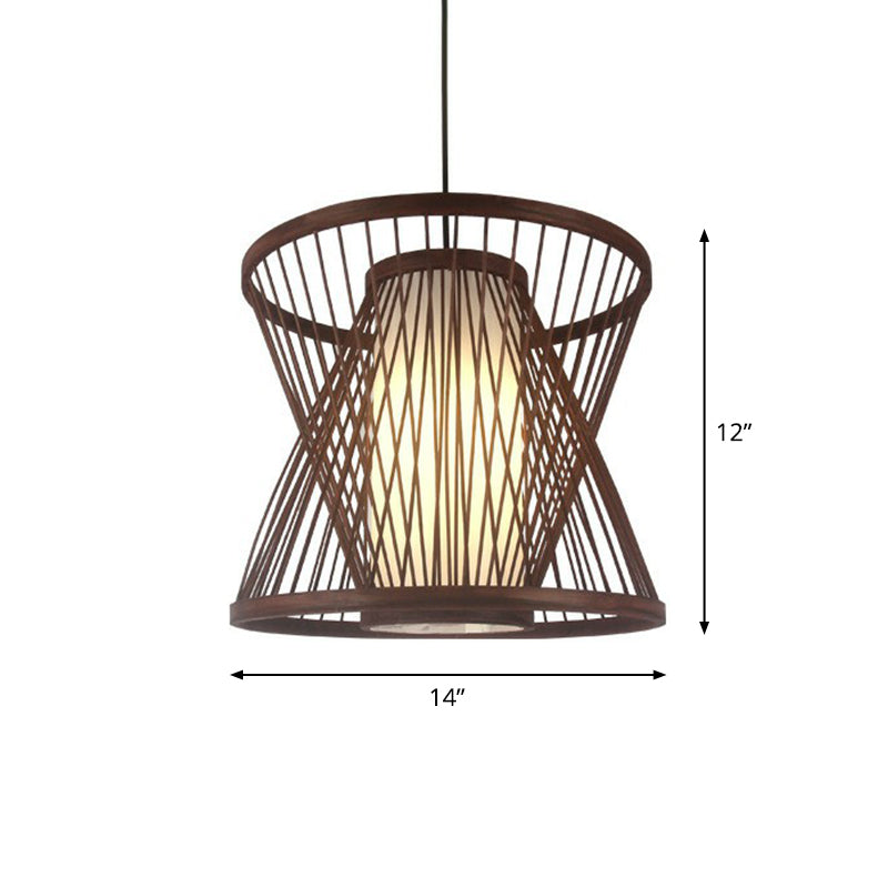 Contemporary Bamboo Cage Hanging Lamp With Coffee Finish And Single Bulb Suspension / Cone