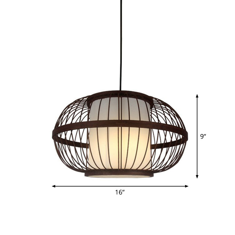 Contemporary Bamboo Cage Hanging Lamp With Coffee Finish And Single Bulb Suspension / Oval