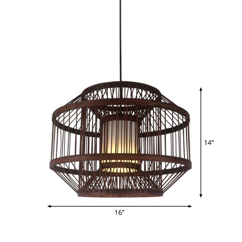 Contemporary Bamboo Cage Hanging Lamp With Coffee Finish And Single Bulb Suspension / Lantern