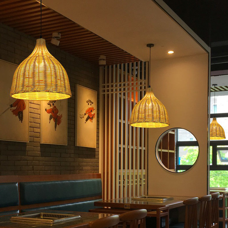 Bamboo Asian Hanging Lamp - Single-Bulb Ceiling Fixture For Restaurants In Beige