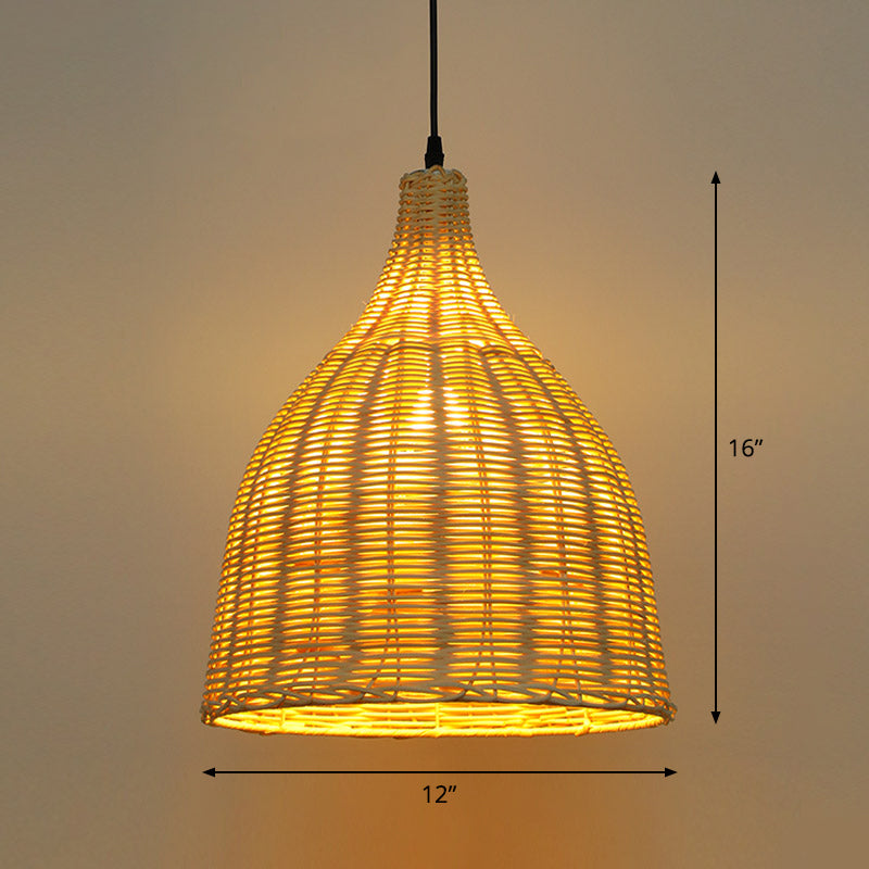 Bamboo Asian Hanging Lamp - Single-Bulb Ceiling Fixture For Restaurants In Beige / 12