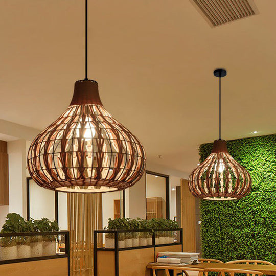 Rustic Bamboo Pendant Light: Pear-Shaped Suspended Lighting For Restaurant Wood Finish